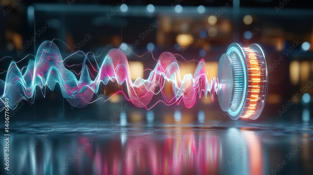 Poster dynamic sound waves visualization in futuristic space digital art technology environment close-up vi