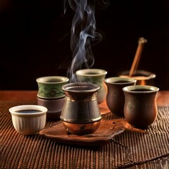 Traditional Ethiopian Coffee Ceremony with Incense and Small Cups