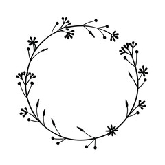 A vector silhouette of spring floral design frames black and white branches