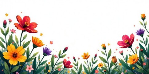 Foliage with colorful flowers and stems on white background, floral, plants
