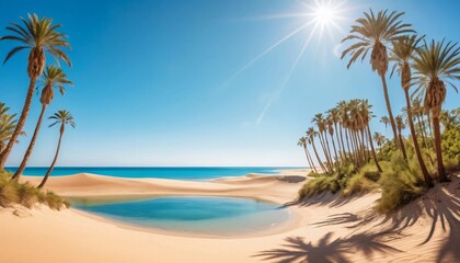 Fototapeta premium Serene Beach Oasis with Tropical Palms Under a Radiant Sunny Sky