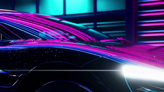 Sleek Black Sports Car Illuminated Against NeonLit Cityscape: A Dynamic Automotive Video. A futuristic car in a neon city at night.