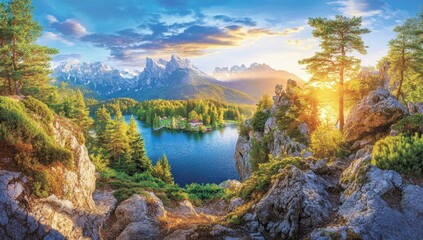Panoramic alpine lake sunrise view