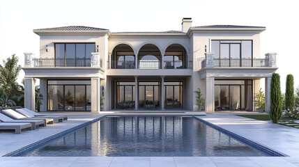 Fototapeta premium Elegant resort style American house with pool and arches