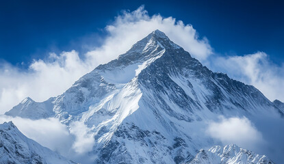 Obraz premium Snow-Covered Mountain Peak with Clear Blue Sky – A Majestic Winter Landscape