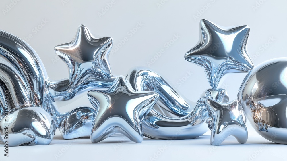 Poster 3d chrome metal brutalism shapes and stars. abstract liquid mercury metallic icon. 3d rendering alum