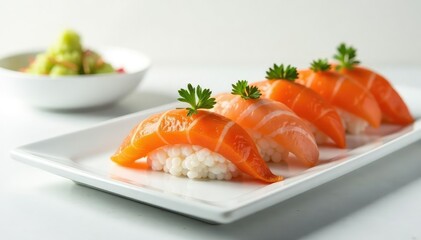 Fresh sushi platter, minimalist white backdrop, simple, seafood platter