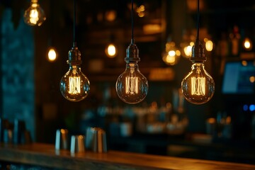 Warm, vintage-style lights over a bar