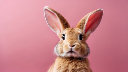 Obraz premium A white rabbit with large ears and wide, expressive eyes is pictured against a pink background.