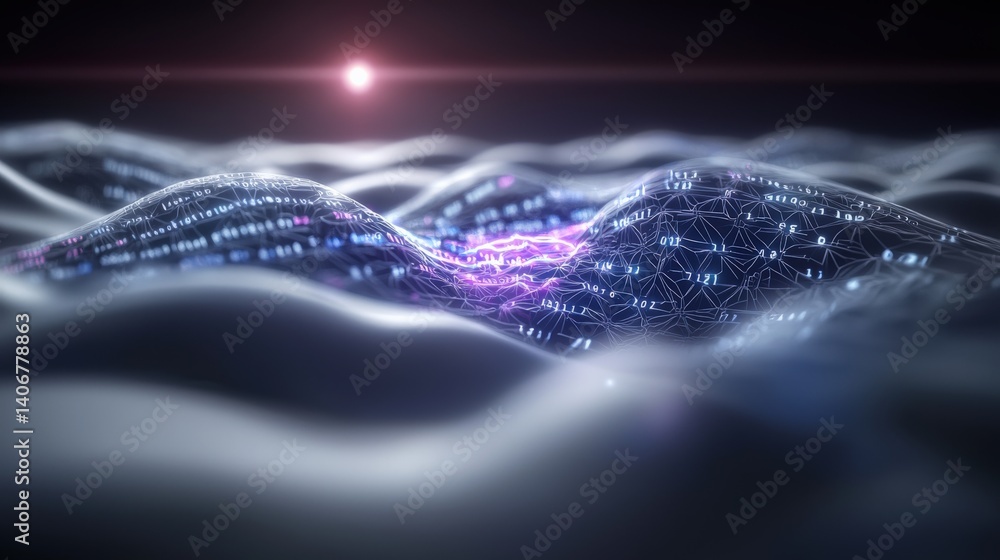 Poster dynamic digital waves representing data flow virtual environment 3d render technology futuristic con
