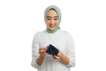 Beautiful young Asian woman in green hijab and white blouse holding cash in his wallet with happy expression isolated on transparent background