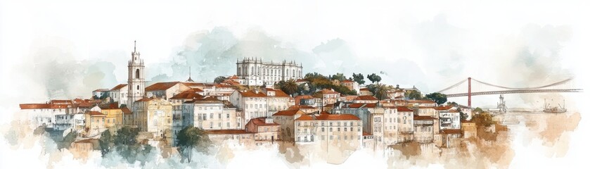 A watercolor depiction of a picturesque cityscape featuring traditional architecture, hills, and a bridge against a soft, atmospheric background.