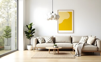 Minimalist  Living Room with Sofa Set and Lush Greenery Visible through Window