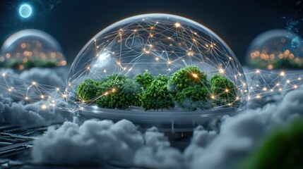 Innovative eco-dome concept showcasing sustainable plant growth futuristic landscape digital environment aerial view