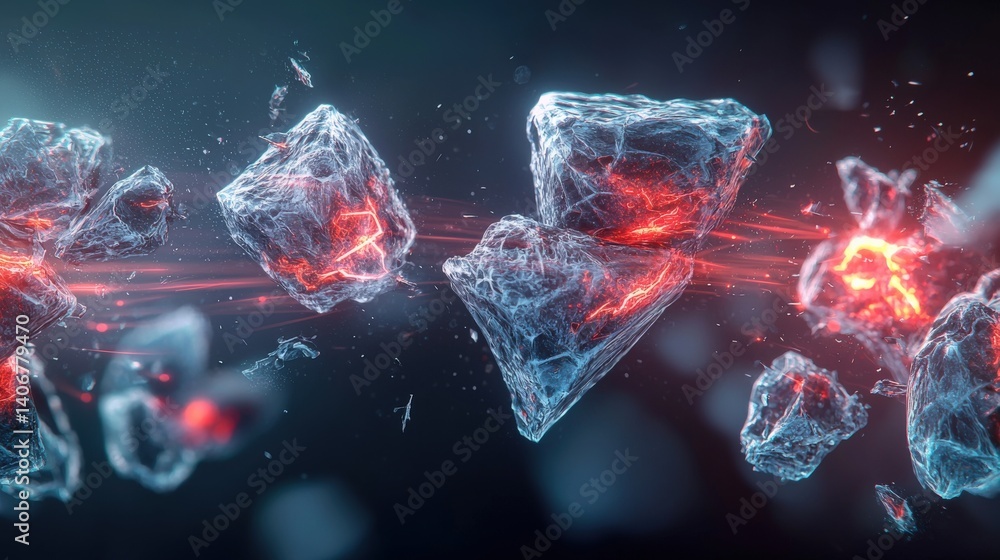 Poster dynamic shattering action of crystal-like fragments abstract space digital art futuristic atmosphere