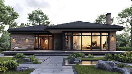 Obraz premium Modern single story house with large windows and garden