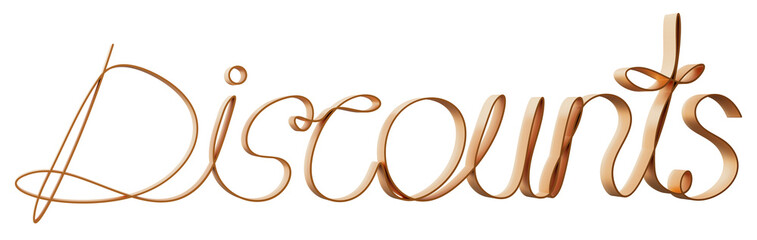 Golden outlined text displaying the word discounts stands prominently on transparent background. This metallic design creates an eye-catching promotional element suitable for sales or marketing