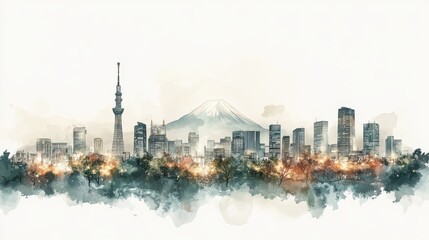 Fototapeta premium A watercolor depiction of a city skyline featuring iconic structures, including a tower, with Mount Fuji in the background surrounded by greenery.