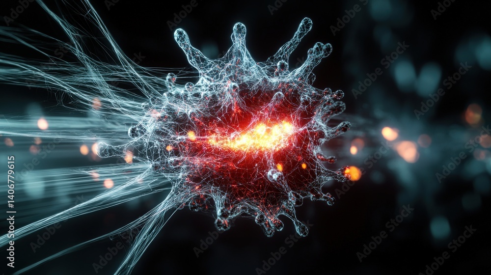 Poster explosive scientific discovery microscopic particle dynamics laboratory setting digital art high-tec