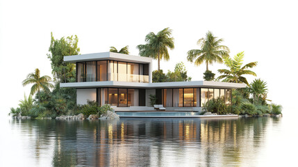 Obraz premium Modern resort style house surrounded by water and lush greenery
