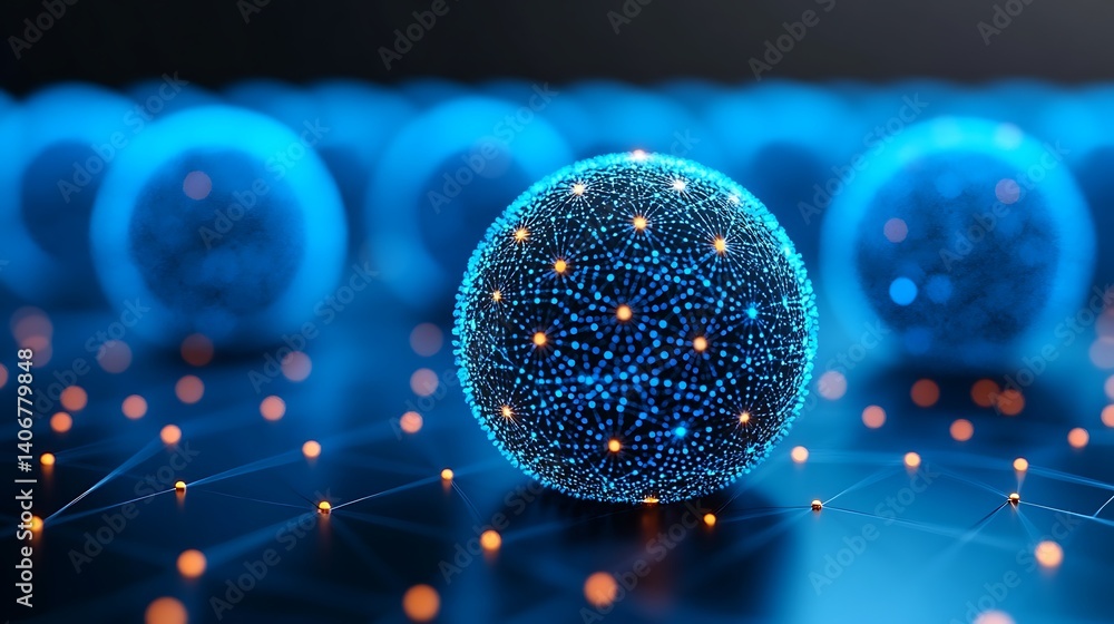 Poster futuristic digital orb: a close-up of a glowing sphere, composed of countless interconnected points 