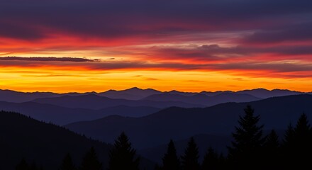 Fototapeta premium Mountains Landscape at Dusk with Vibrant Sky and Silhouetted Trees