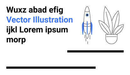 Rocket launching upward, houseplant in a pot, placeholder text blocks on sleek modern layout. Ideal for startup, technology, growth, innovation, nature, creativity flat landing page banner