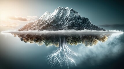 Obraz premium Surreal nature scene floating mountain with tree roots fantasy landscape dreamlike environment wide-angle view visual concept