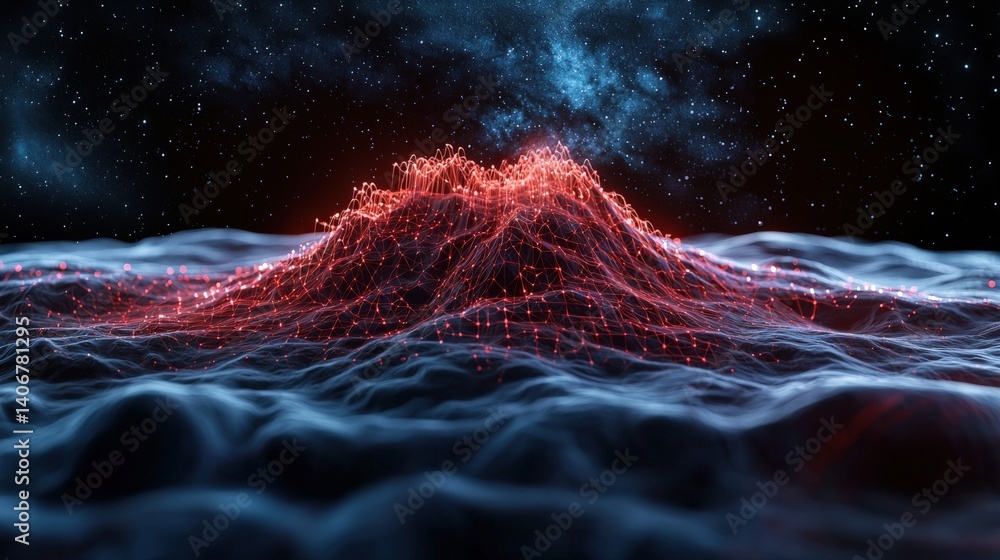 Poster dynamic eruption of glowing waves cosmic space landscape 3d rendering futuristic environment aerial 
