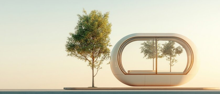 Futuristic bus stop showcases integration of artificial intelligence in urban design during sunset