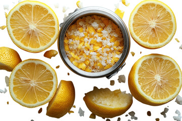 Lemon halves and citrus salt attractively arranged on a white background