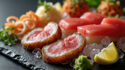 An elegant platter showcases assorted sushi and sashimi, including vibrant tuna and crispy fried seafood, garnished with wasabi and lemon wedges, set on a dark slate surface
