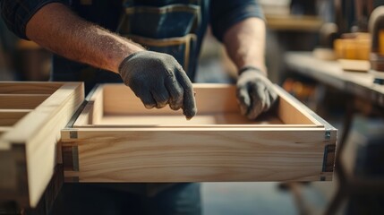 Carpenter assembling wooden drawers. Featuring woodworking precision