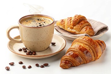 Delicious coffee and croissant breakfast delight on white background