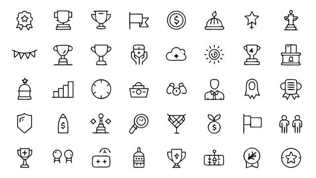 Modern linear icons representing various aspects of competitions, events, and tournaments, ideal for sports apps, e-sports websites, and match announcements