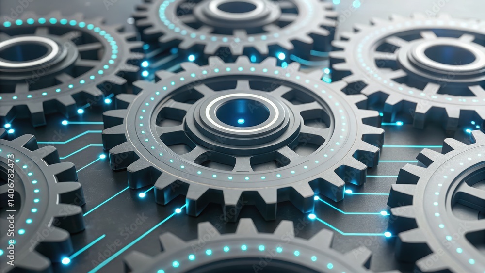 Poster complex system of interconnected gears representing transformation in an abstract digital environmen