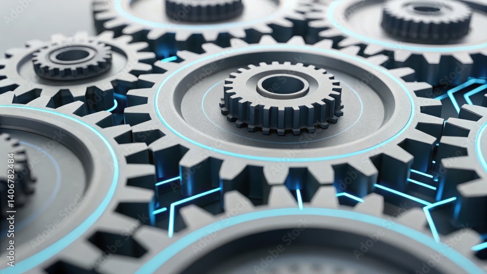 Poster intricate group of gears in a digital system representing transformation in an abstract design