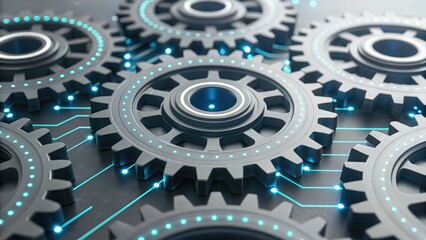 Complex system of interconnected gears representing transformation in an abstract digital environment