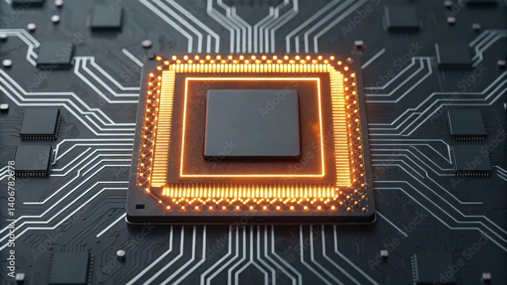 Poster circuit board with glowing orange light representing adaptive core system technology and innovation