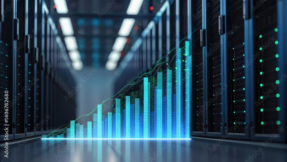 Poster advanced server room showcasing a server with data lines elevating digital infrastructure in 3d