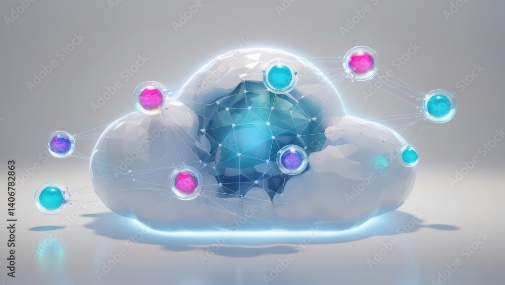 Poster cloud hub linking multiple evolving data nodes with spheres symbolizing change in structure