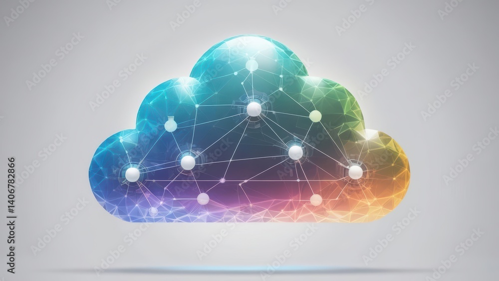 Poster centralized cloud hub with network of connected dots representing evolving data nodes and change