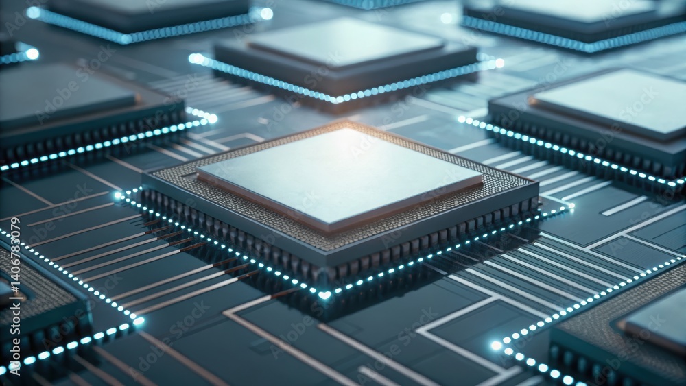 Poster cutting-edge computer chip showcasing advanced cybernetic architecture reshaping legacy processes