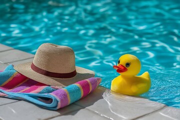 Cute Stuffed Duck in Water Near Colorful Towel and Sun Hat.