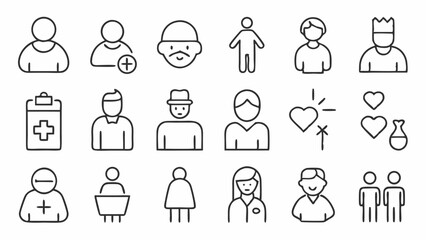 Clean and accessible elderly care icons in a linear style suitable for health service apps, senior support programs, and retirement home branding visuals