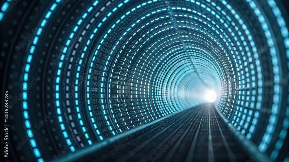 Poster encrypted file transfer tunnel illuminated with light at the end and dynamic neon patterns