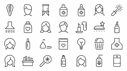 Fototapeta premium Hair care outline icons including tools, products, and styling elements perfect for salon branding, hairdresser booking apps, and personal care sites