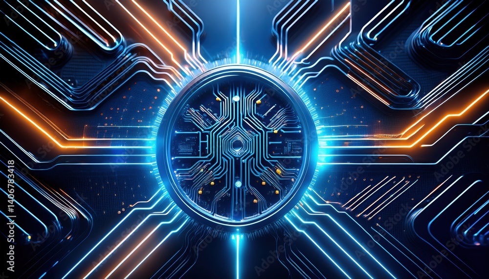 Poster circuit board with glowing blue light depicting an adaptive core system for agile transformation