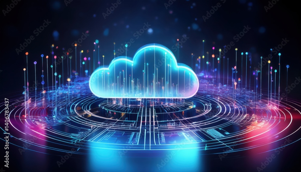 Aufkleber cloud with network nodes illustrating a centralized hub linking evolving data representations