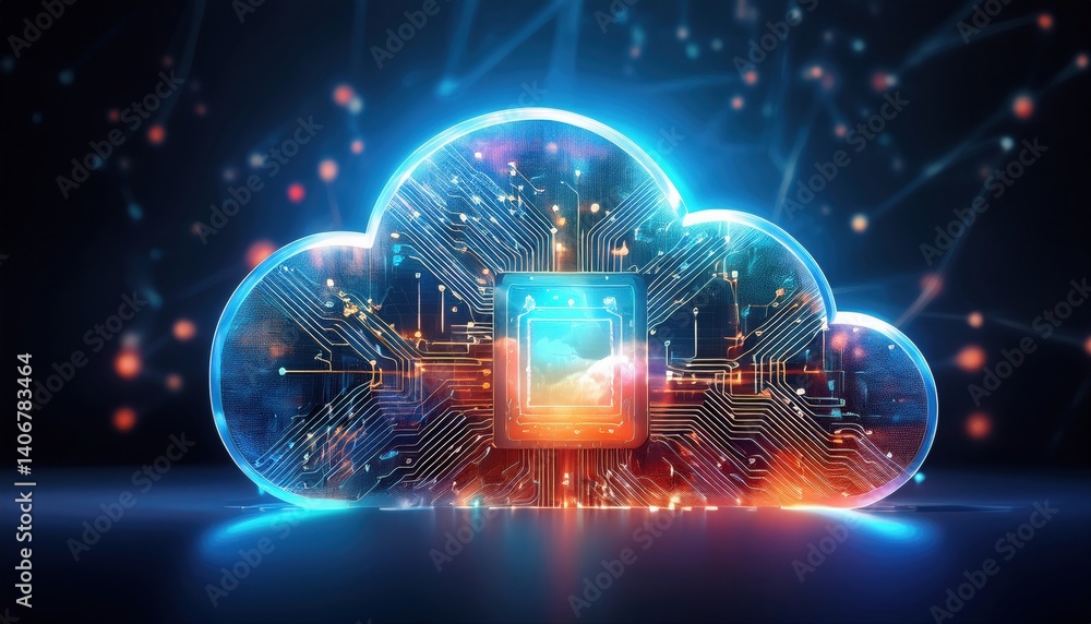 Poster centralized cloud hub featuring a circuit at its center symbolizing data evolution and change